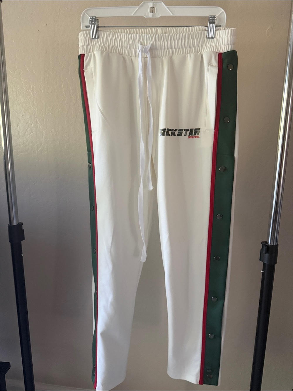 🔥 White Snap-Button Track Pants with Red & Black Side Stripe Si